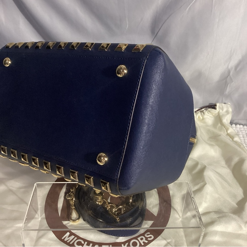 MICHAEL Kors Navy Blue Gold Studded Leather Grayson Satchel with Long Strap - Picture 9 of 13